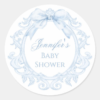 Blue Toile Bow Frame Chic Baby Boy Shower ラウンドシール