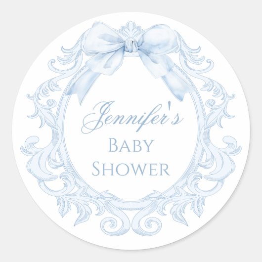 Blue Toile Bow Frame Chic Baby Boy Shower ラウンドシール (正面)