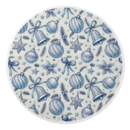 Blue Toile Christmas Ornaments, Bells & Ribbon セラミックノブ