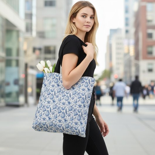 Blue Toile Christmas Ornaments, Bells & Ribbon トートバッグ