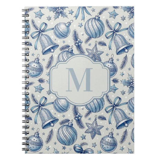 Blue Toile Christmas Ornaments Custom Monogram ノートブック (正面)