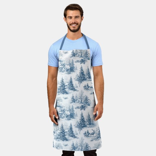 Blue Toile Christmas Pattern  エプロン (着用した状態)