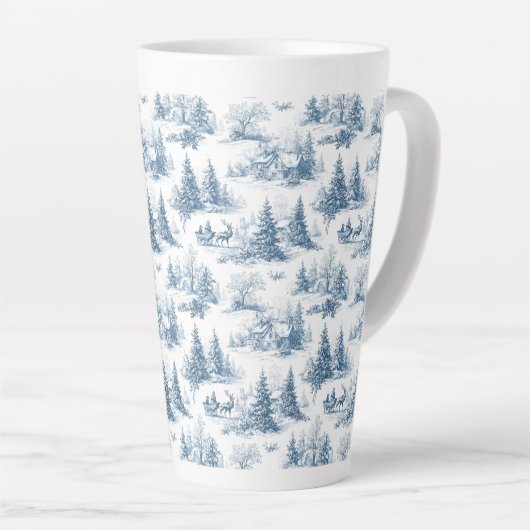 Blue Toile Christmas Pattern  カフェラテマグ (右アングル)