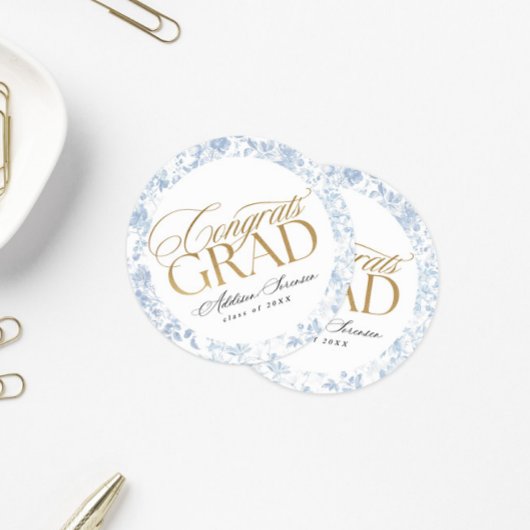 Blue Toile Congrats Grad Labels ラウンドシール