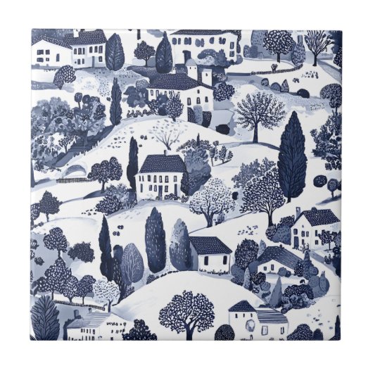Blue Toile Countryside Scene (1) タイル (正面)