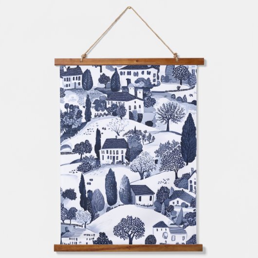 Blue Toile Countryside Scene (1) 吊り下げ型タペストリー (正面)
