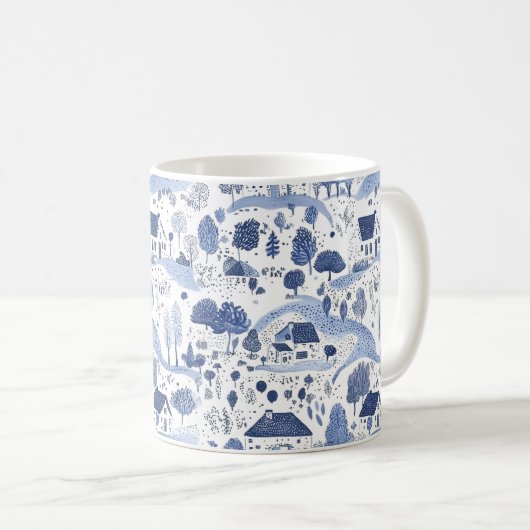 Blue Toile Countryside Scene (4) コーヒーマグカップ (正面右)