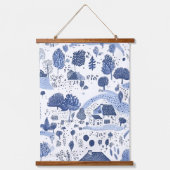 Blue Toile Countryside Scene (4) 吊り下げ型タペストリー (正面)