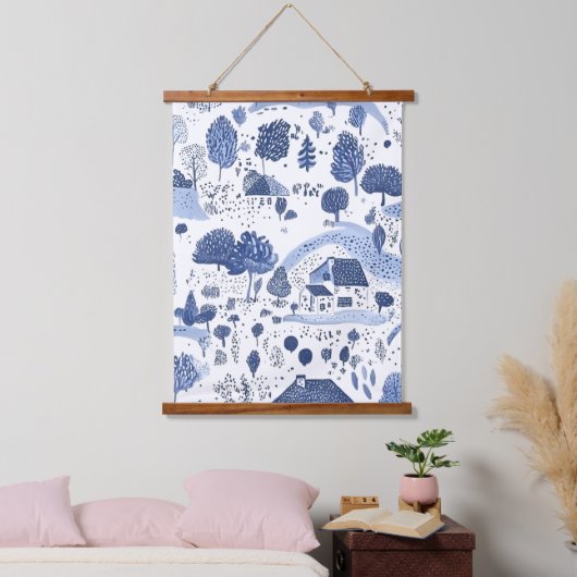 Blue Toile Countryside Scene (4) 吊り下げ型タペストリー (寝室)