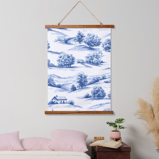 Blue Toile Countryside Scene (5) 吊り下げ型タペストリー (寝室)