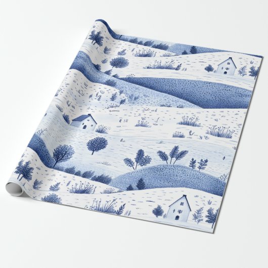Blue Toile Countryside Scene (6) ラッピングペーパー (アンロールド)