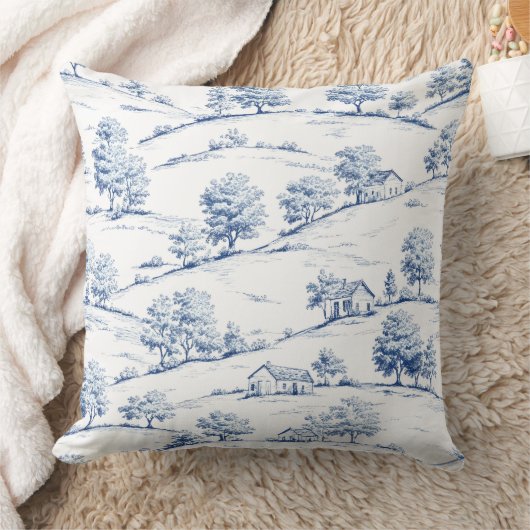 Blue Toile Countryside Scene (7) クッション (ブランケット)