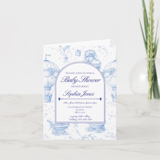 Blue Toile de Jouy Baby Shower Invitation 招待状 (正面)