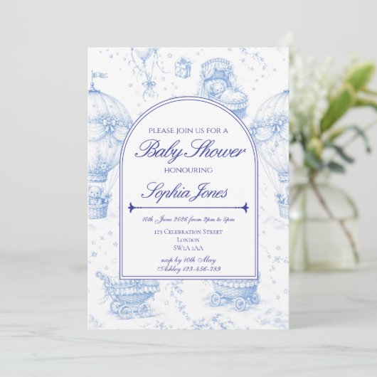 Blue Toile de Jouy Baby Shower Invitation 招待状 (スタンド正面)