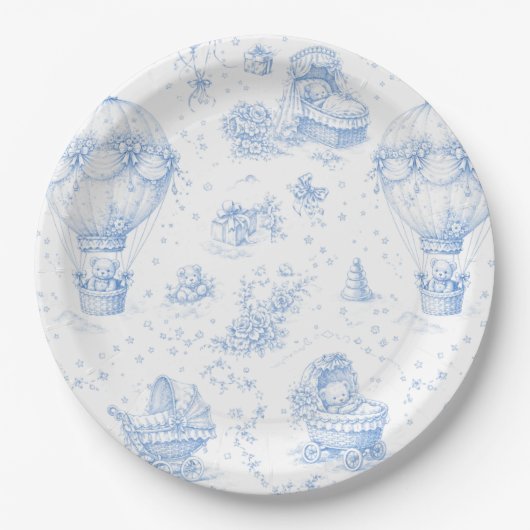 Blue Toile de Jouy Baby Shower Paper Plates ペーパープレート (正面)