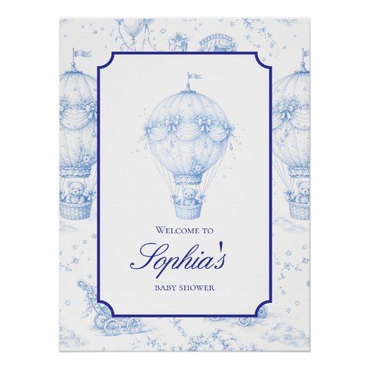 Blue Toile de Jouy Baby Shower Welcome Sign ポスター (正面)