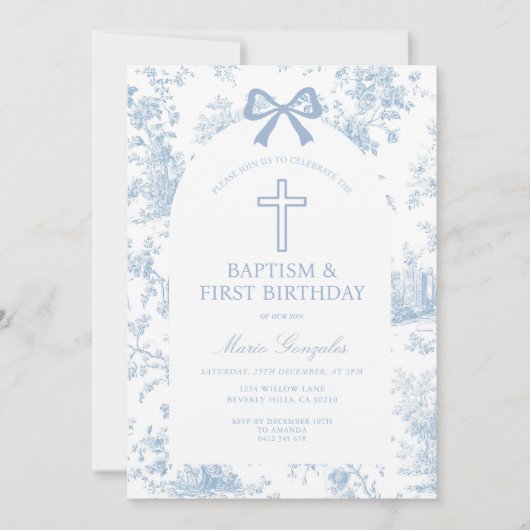 Blue Toile de Jouy Baptism & First Birthday Bow  招待状 (正面)