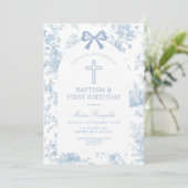 Blue Toile de Jouy Baptism & First Birthday Bow  招待状 (スタンド正面)