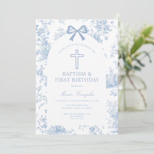 Blue Toile de Jouy Baptism & First Birthday Bow  招待状 (スタンド正面)
