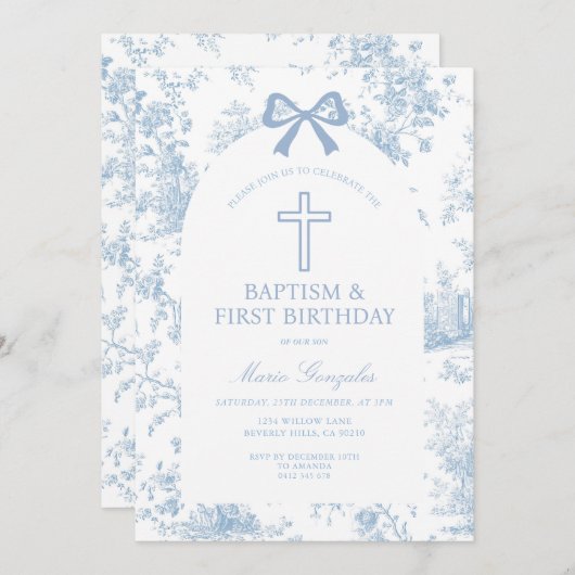 Blue Toile de Jouy Baptism & First Birthday Bow  招待状 (正面/裏面)
