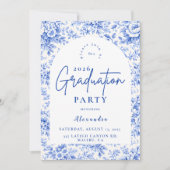 Blue Toile Floral Graduation Party 招待状 (正面)