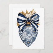 Blue Toile Floral Heart Navy Stripe Bow シーズンカード (正面/裏面)