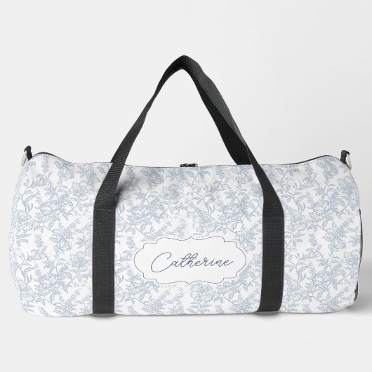 Blue Toile Floral Lace Personalized ダッフルバッグ (正面)