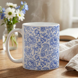 Blue Toile Floral Pattern Classic Botanical コーヒーマグカップ