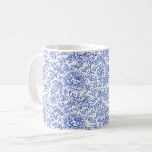 Blue Toile Floral Pattern Classic Botanical コーヒーマグカップ (正面左)