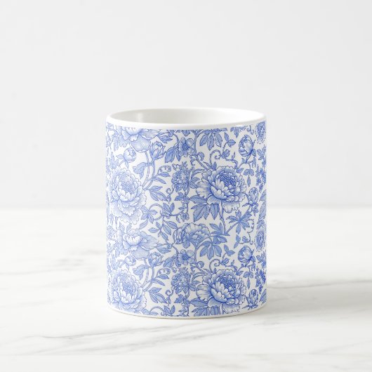 Blue Toile Floral Pattern Classic Botanical コーヒーマグカップ (中央)