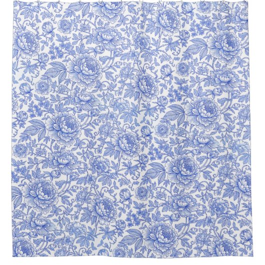 Blue Toile Floral Pattern Classic Botanical シャワーカーテン (正面)