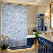 Blue Toile Floral Pattern Classic Botanical シャワーカーテン