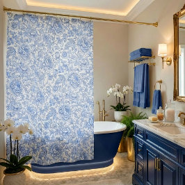 Blue Toile Floral Pattern Classic Botanical シャワーカーテン