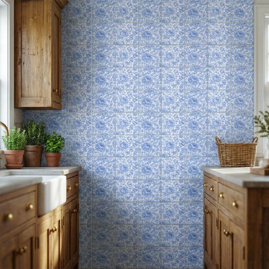 Blue Toile Floral Pattern Classic Botanical タイル