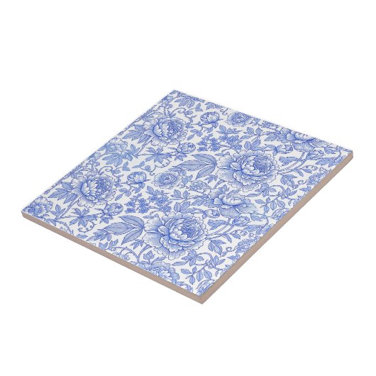 Blue Toile Floral Pattern Classic Botanical タイル (側面)