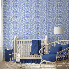 Blue Toile Floral Pattern Classic Botanical 壁紙