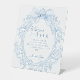 Blue Toile Frame Bow Baby Boy Shower Diaper Raffle 台座サイン