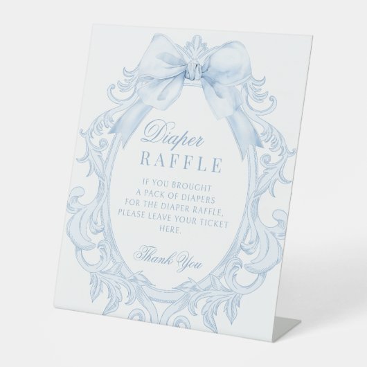 Blue Toile Frame Bow Baby Boy Shower Diaper Raffle 台座サイン (正面)