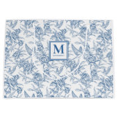 Blue Toile French Monogram Name ラージペーパーバッグ (正面)