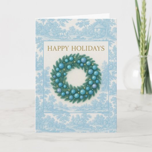 Blue Toile Holiday Card with Winter Wreath カード (正面)