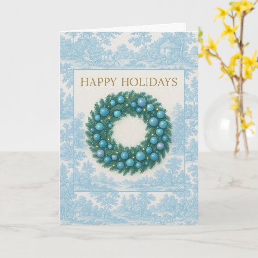 Blue Toile Holiday Card with Winter Wreath カード (黄色い花)
