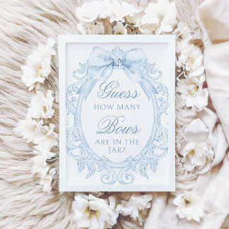 Blue  Toile How Many Bows Baby Boy Shower 招待状