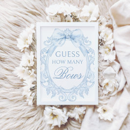 Blue Toile How Many Bows Baby Shower Games Sign 招待状