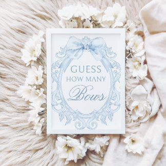 Blue Toile How Many Bows Baby Shower Games Sign 招待状