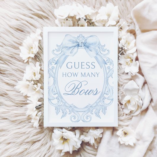 Blue Toile How Many Bows Baby Shower Games Sign 招待状