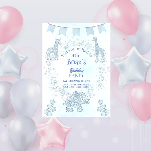  Blue Toile Jungle Animals Kids Birthday 招待状