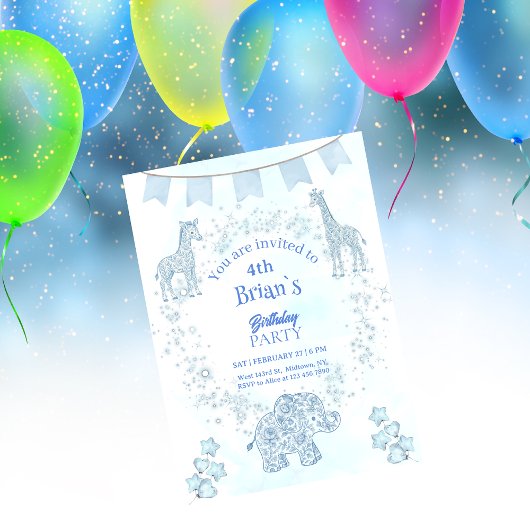 Blue Toile Jungle Animals Kids Birthday 招待状