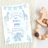  Blue Toile Jungle Animals Kids Birthday 招待状