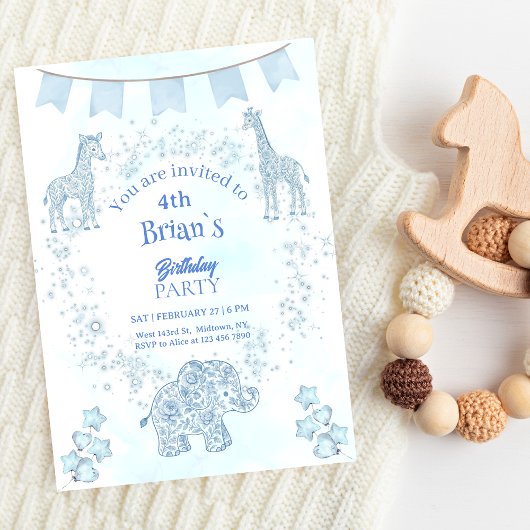 Blue Toile Jungle Animals Kids Birthday 招待状