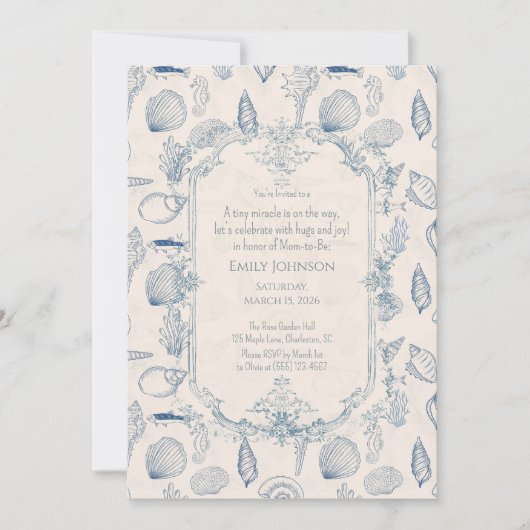 Blue toile Ocean Baby Shower Invitation 招待状 (正面)